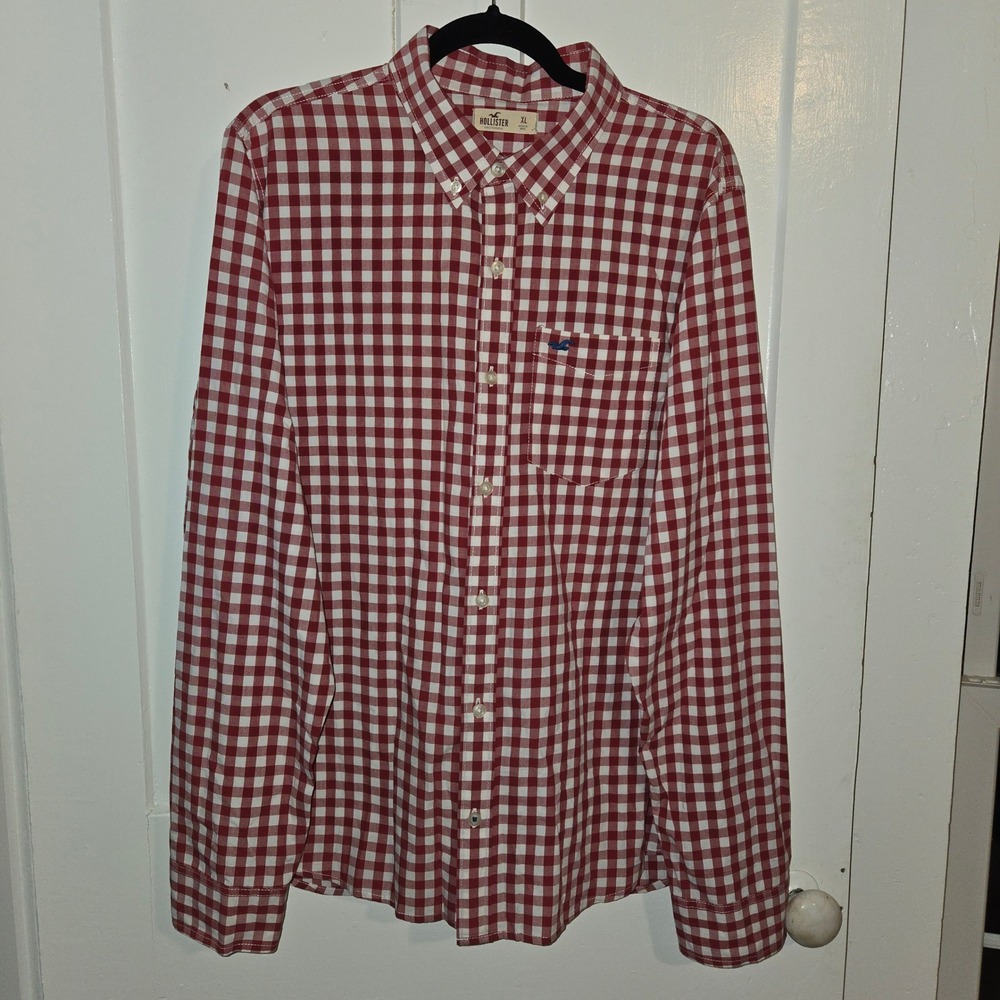 Hollister Mens XL Red White Gingham Button Down‎ Long Sleeve Shirt Seagull Logo